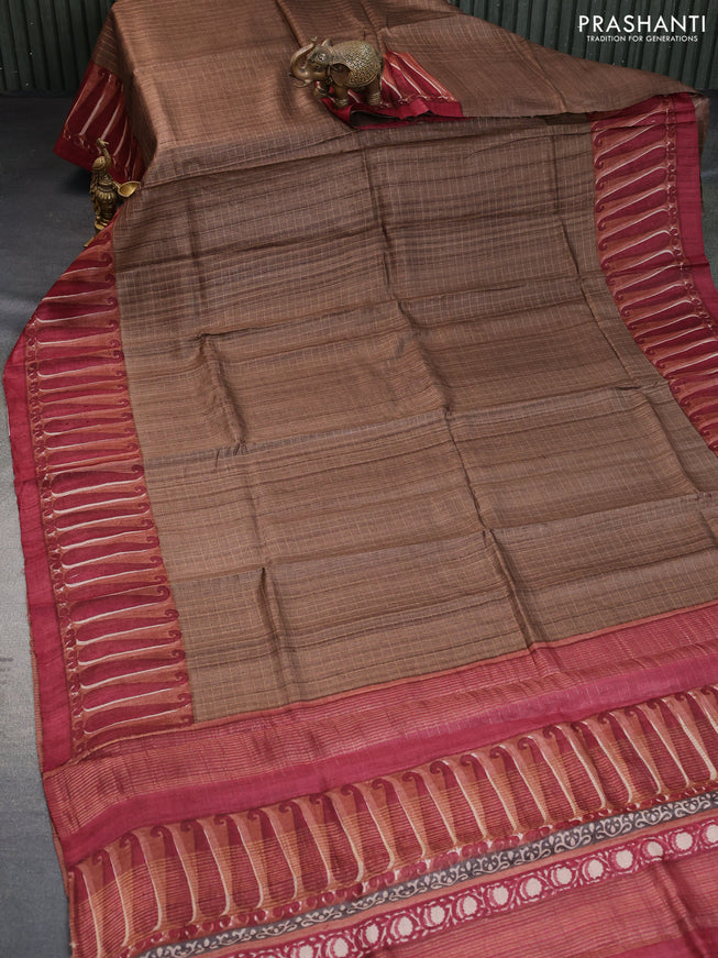 Pure tussar silk saree brown and maroon with allover zari checked pattern and digital printed border