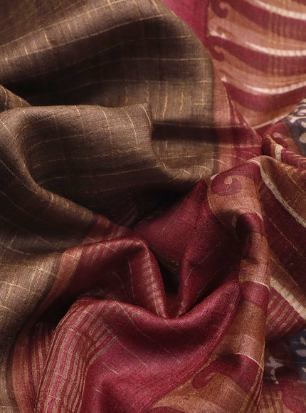 Pure tussar silk saree brown and maroon with allover zari checked pattern and digital printed border