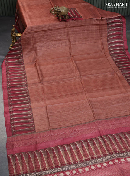 Pure tussar silk saree brown and maroon with allover zari checked pattern and digital printed border