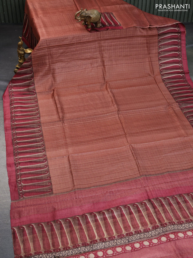 Pure tussar silk saree brown and maroon with allover zari checked pattern and digital printed border