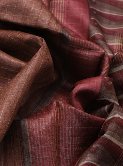 Pure tussar silk saree brown and maroon with allover zari checked pattern and digital printed border