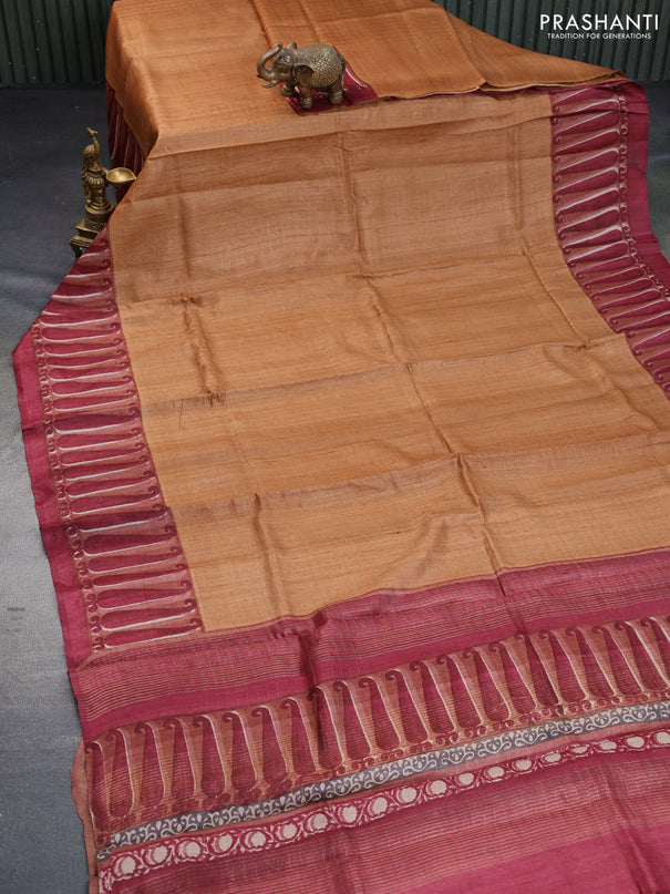 Pure tussar silk saree mustard shade and maroon with allover zari checked pattern and digital printed border