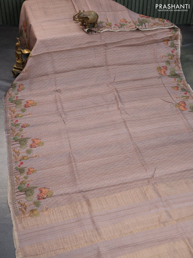 Pure tussar silk saree brown shade with allover zari checked pattern and digital printed border