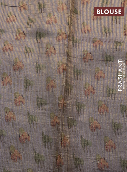 Pure tussar silk saree brown shade with allover zari checked pattern and digital printed border