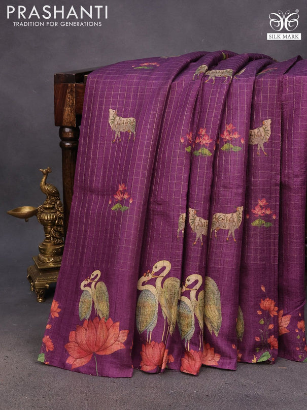 Pure tussar silk saree deep purple with allover zari checked pattern & digital prints and digital printed border