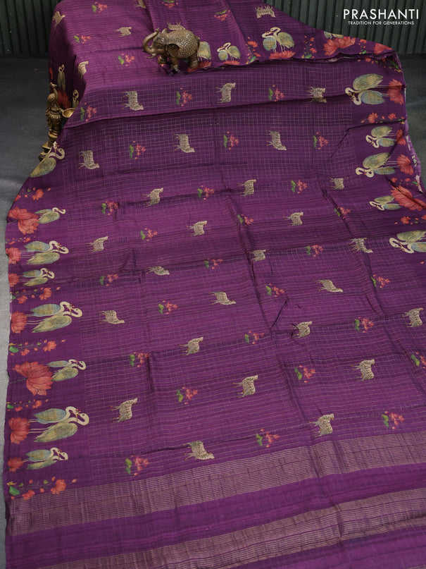 Pure tussar silk saree deep purple with allover zari checked pattern & digital prints and digital printed border