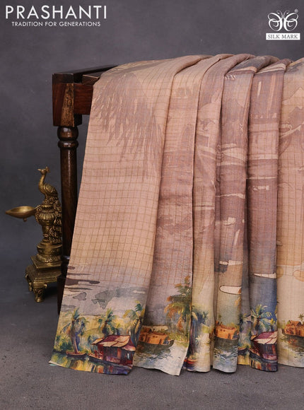 Pure tussar silk saree pastel brown with allover digital prints and digital printed border