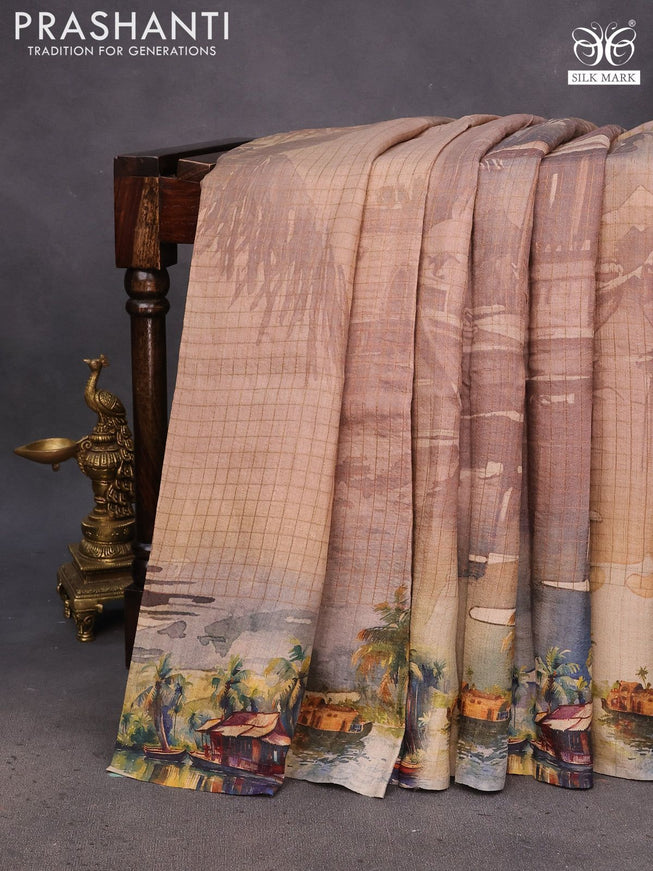 Pure tussar silk saree pastel brown with allover digital prints and digital printed border