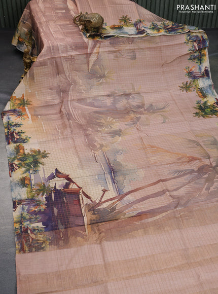 Pure tussar silk saree pastel brown with allover digital prints and digital printed border