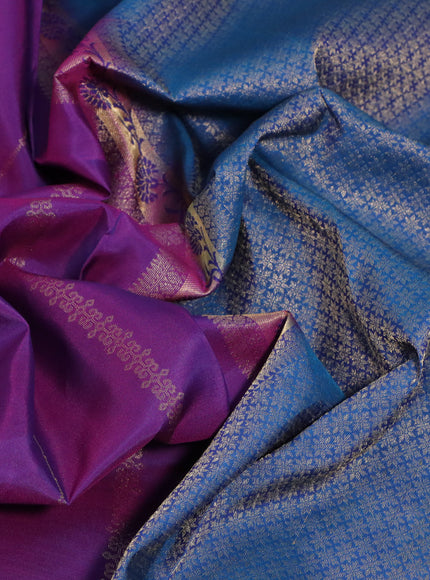 Kanchipuram silk saree purple and peacock blue with alllover zari weaves and zari woven simple border