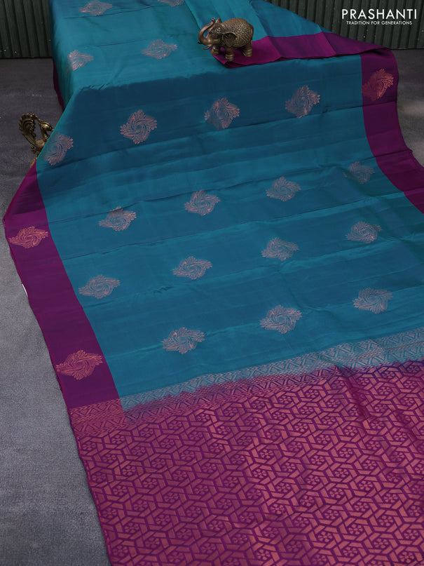 Kanchipuram silk saree peacock blue and purple with copper zari woven buttas and simple border