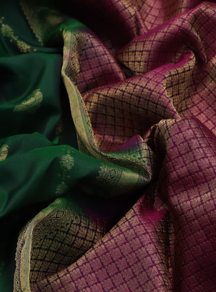 Kanchipuram silk saree dark green and purple with allover zari weaves & buttas and rich zari woven border