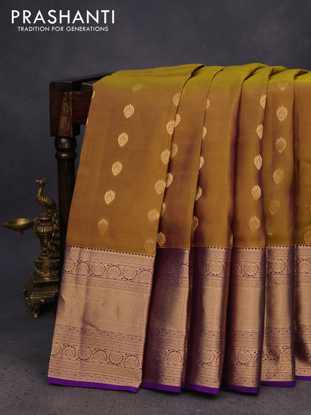 Kanchipuram silk saree dual shade of mehendi green and violet with allover zari woven buttas and long zari woven border