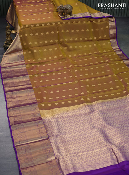 Kanchipuram silk saree dual shade of mehendi green and violet with allover zari woven buttas and long zari woven border