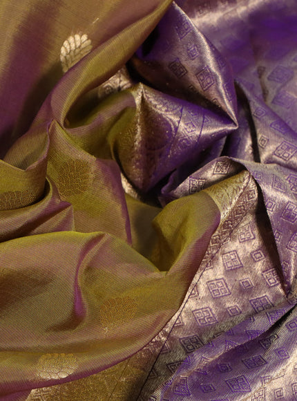 Kanchipuram silk saree dual shade of mehendi green and violet with allover zari woven buttas and long zari woven border