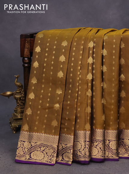 Kanchipuram silk saree mehendi green and violet with allover zari woven buttas and floral zari woven border