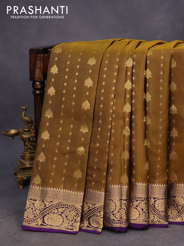 Kanchipuram silk saree mehendi green and violet with allover zari woven buttas and floral zari woven border