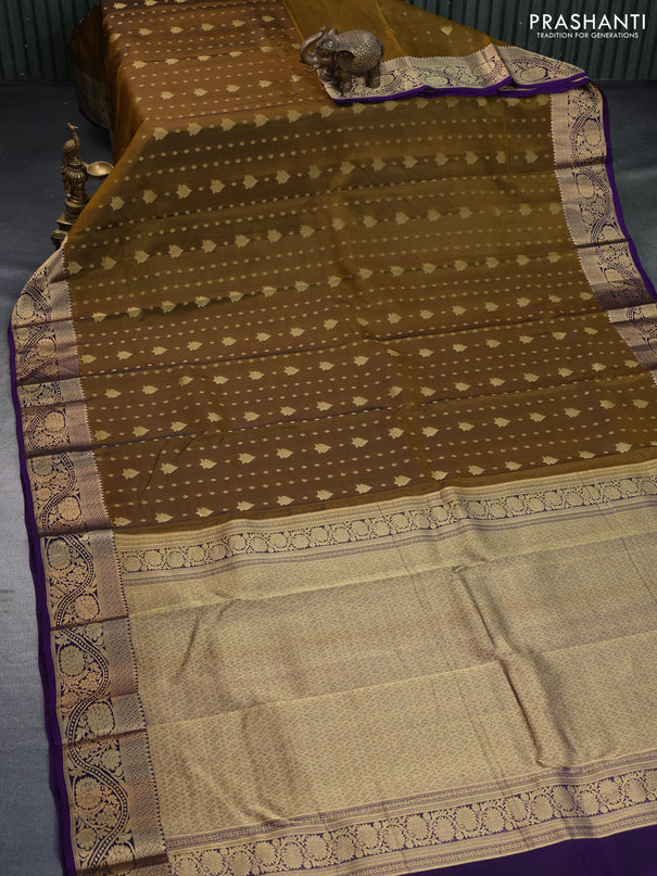 Kanchipuram silk saree mehendi green and violet with allover zari woven buttas and floral zari woven border