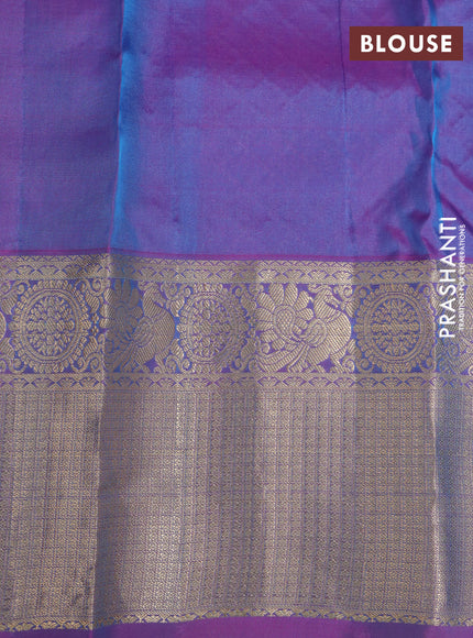 Kanchipuram silk saree teal blue and pink with paisley zari woven buttas and annam zari woven border