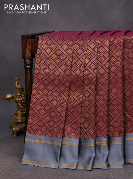 Kanchipuram silk saree deep wine shade and bluish grey with allover zari woven brocade weaves and rettapet zari woven border