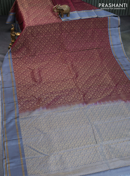 Kanchipuram silk saree deep wine shade and bluish grey with allover zari woven brocade weaves and rettapet zari woven border