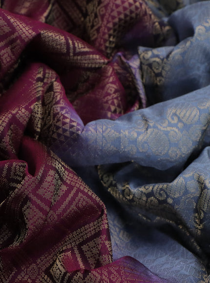 Kanchipuram silk saree deep wine shade and bluish grey with allover zari woven brocade weaves and rettapet zari woven border