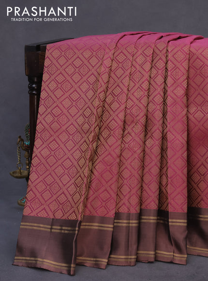 Kanchipuram silk saree pink and pastel brown with allover zari woven brocade weaves and rettapet zari woven border