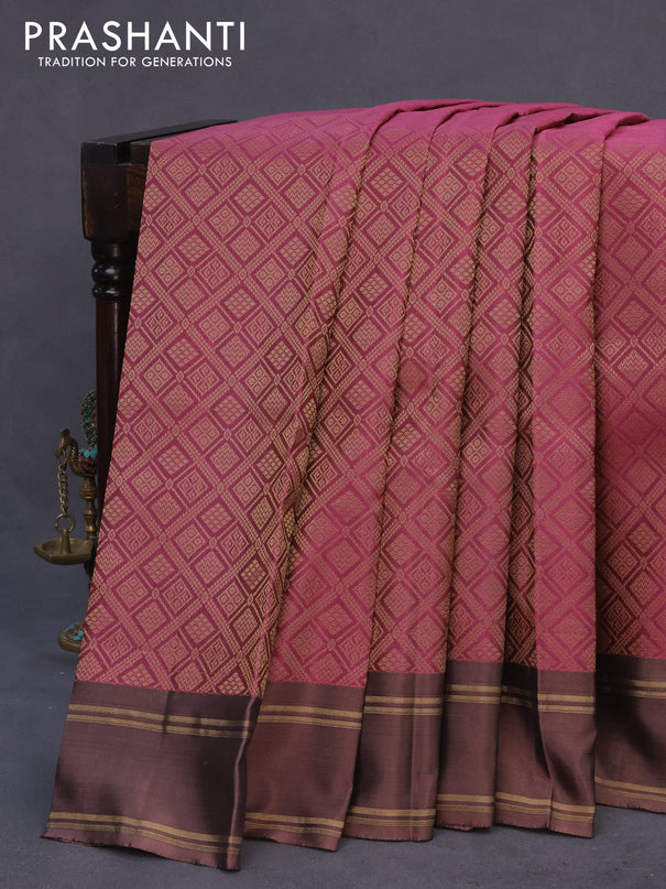 Kanchipuram silk saree pink and pastel brown with allover zari woven brocade weaves and rettapet zari woven border