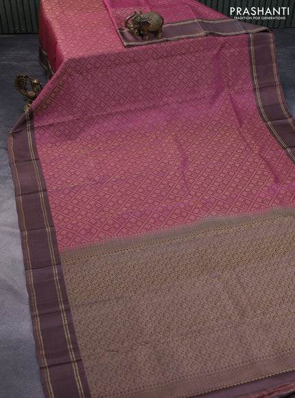 Kanchipuram silk saree pink and pastel brown with allover zari woven brocade weaves and rettapet zari woven border