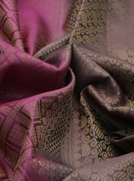 Kanchipuram silk saree pink and pastel brown with allover zari woven brocade weaves and rettapet zari woven border