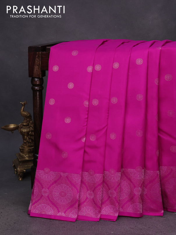 Kanchipuram silk saree pink and light green with zari woven buttas and silver & gold zari woven border