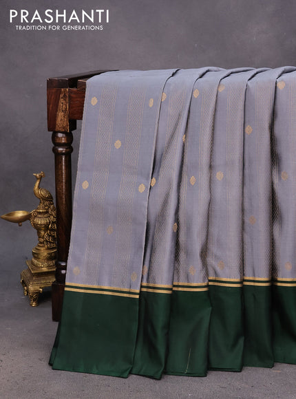 Kanchipuram silk saree grey and dark green with allover zari weaves & buttas and zari woven simple border