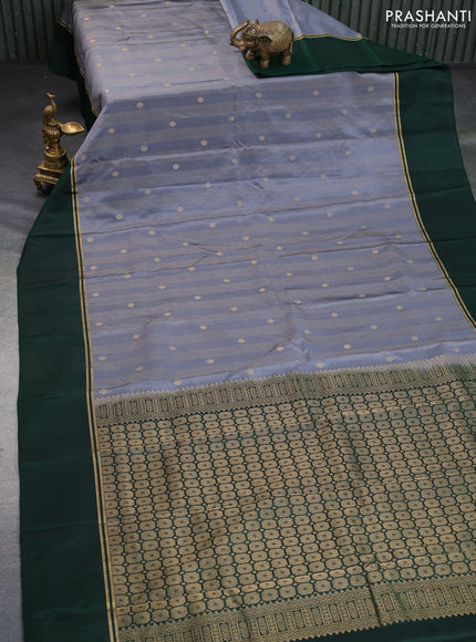 Kanchipuram silk saree grey and dark green with allover zari weaves & buttas and zari woven simple border