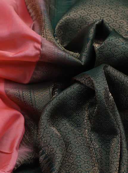 Kanchipuram silk saree peach pink and dark green with paisley zari woven buttas and temple design zari woven border