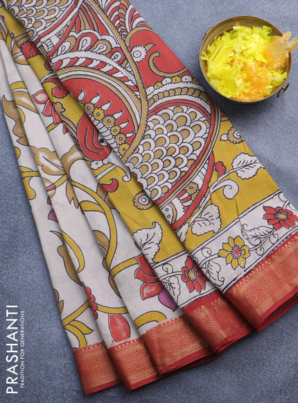 Kalamkari semi silk saree beige and maroon with allover prints and mangalgiri border