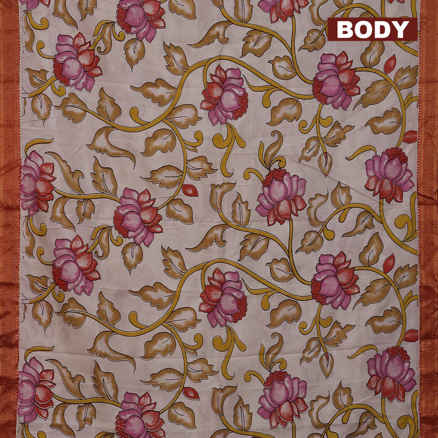 Kalamkari semi silk saree beige and maroon with allover prints and mangalgiri border