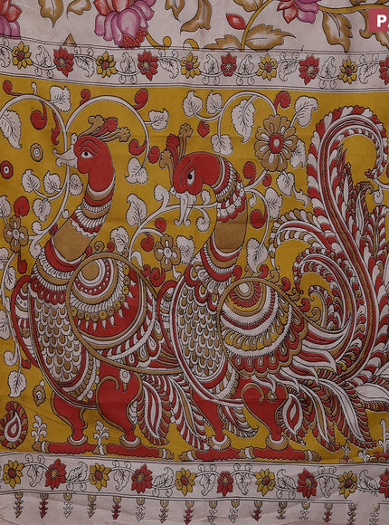 Kalamkari semi silk saree beige and maroon with allover prints and mangalgiri border