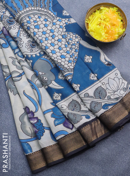 Kalamkari semi silk saree beige and black with allover prints and mangalgiri border