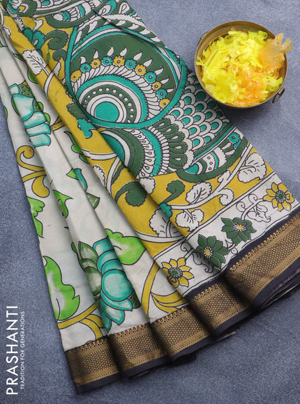 Kalamkari semi silk saree beige and black with allover prints and mangalgiri border