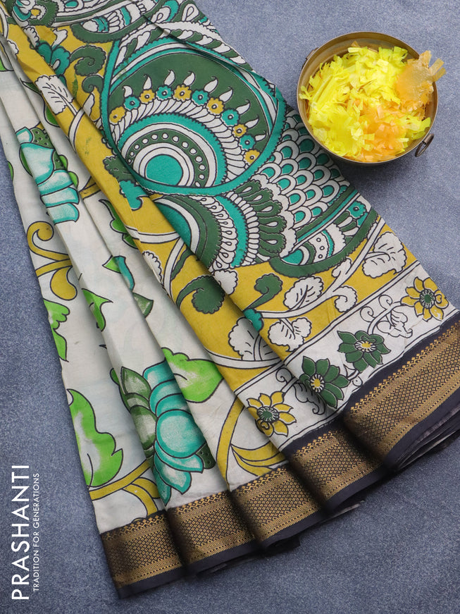 Kalamkari semi silk saree beige and black with allover prints and mangalgiri border