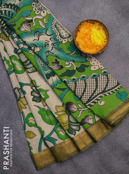 Kalamkari semi silk saree beige and sap green with allover prints and mangalgiri border