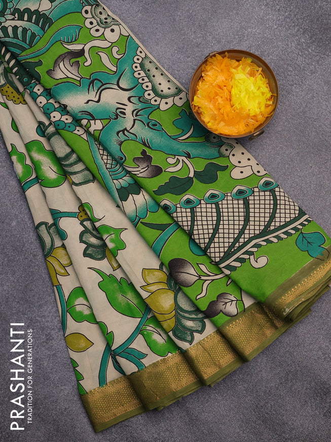 Kalamkari semi silk saree beige and sap green with allover prints and mangalgiri border