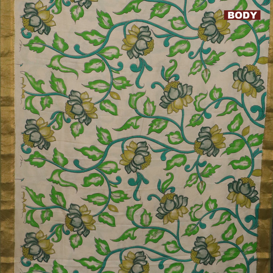 Kalamkari semi silk saree beige and sap green with allover prints and mangalgiri border