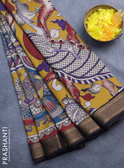 Kalamkari semi silk saree violet and coffee brown with allover prints and mangalgiri border