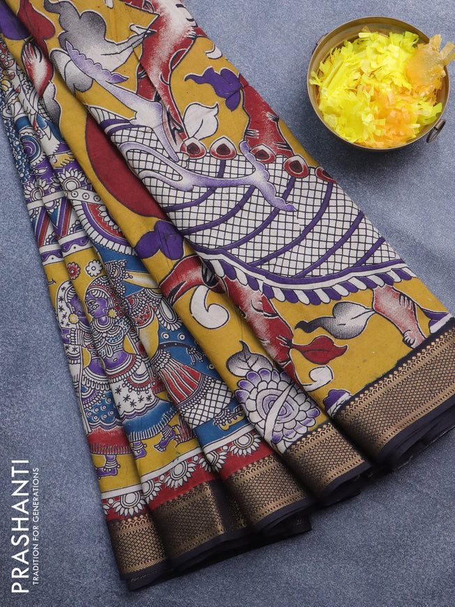 Kalamkari semi silk saree violet and coffee brown with allover prints and mangalgiri border