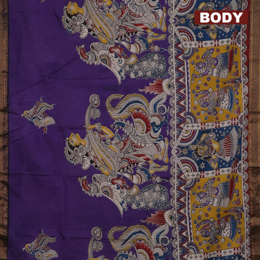 Kalamkari semi silk saree violet and coffee brown with allover prints and mangalgiri border