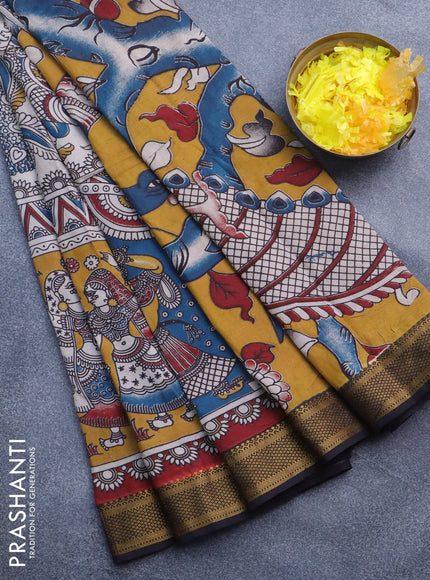 Kalamkari semi silk saree beige and coffee brown with allover prints and mangalgiri border