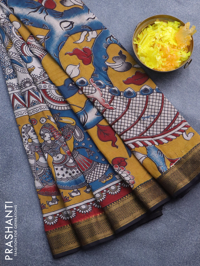 Kalamkari semi silk saree beige and coffee brown with allover prints and mangalgiri border