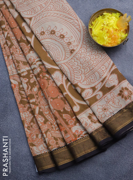 Kalamkari semi silk saree dark mustard beige and coffee brown with allover prints and mangalgiri border