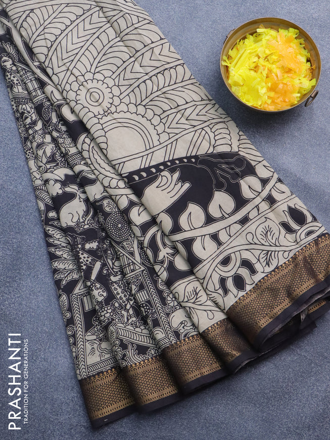 Kalamkari semi silk saree black beige and coffee brown with allover prints and mangalgiri border